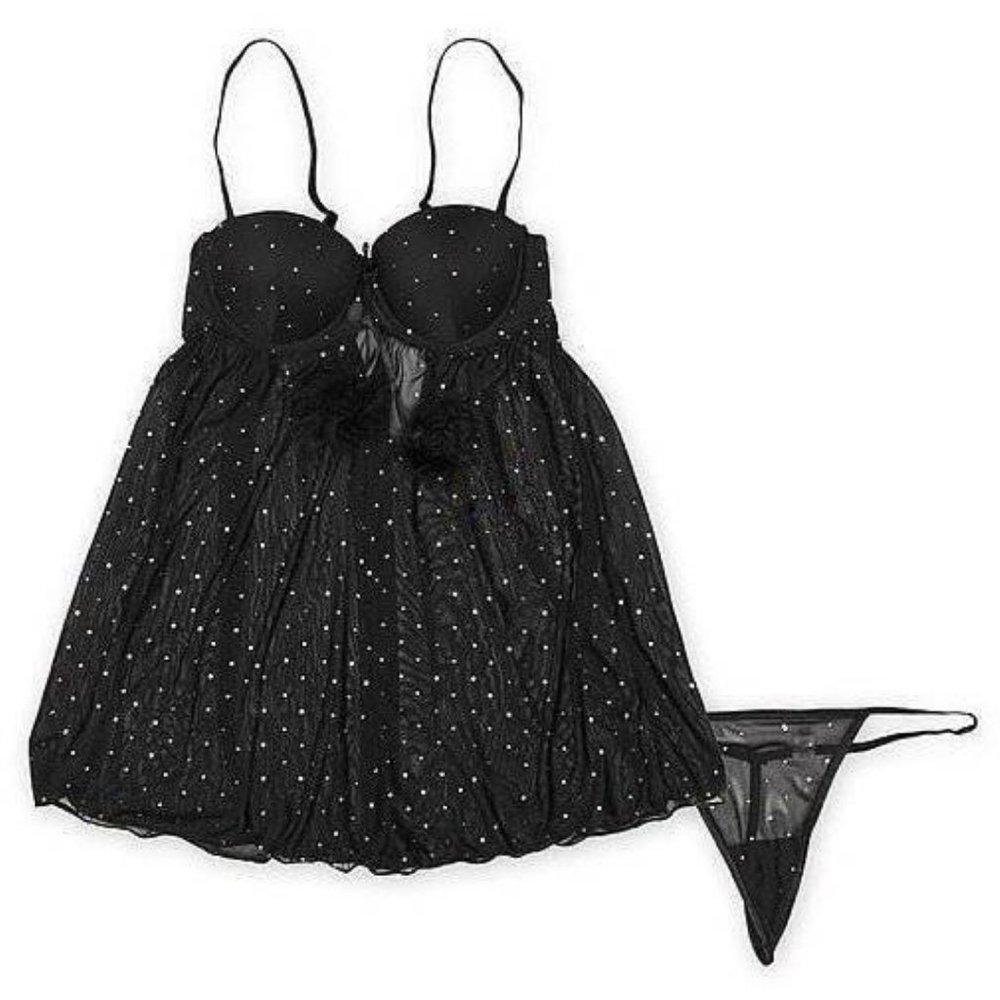 Womens Chemise & Thong Black Sequin Small Lingerie Passion Forever Babydoll Set